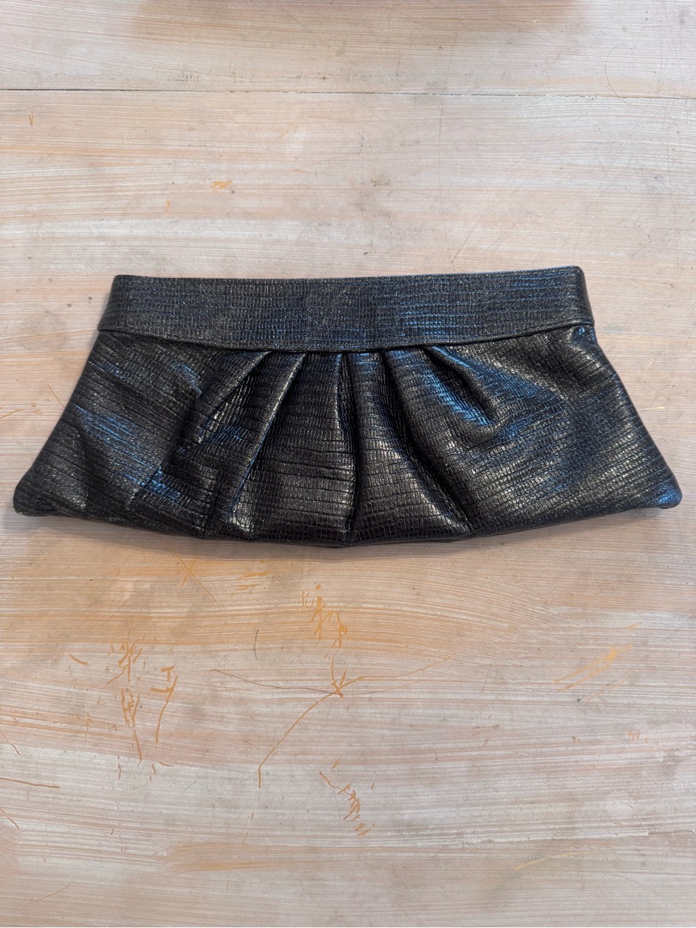 Vintage Lauren Merkin Black Lizard-Embossed Leather Pleated Clutch